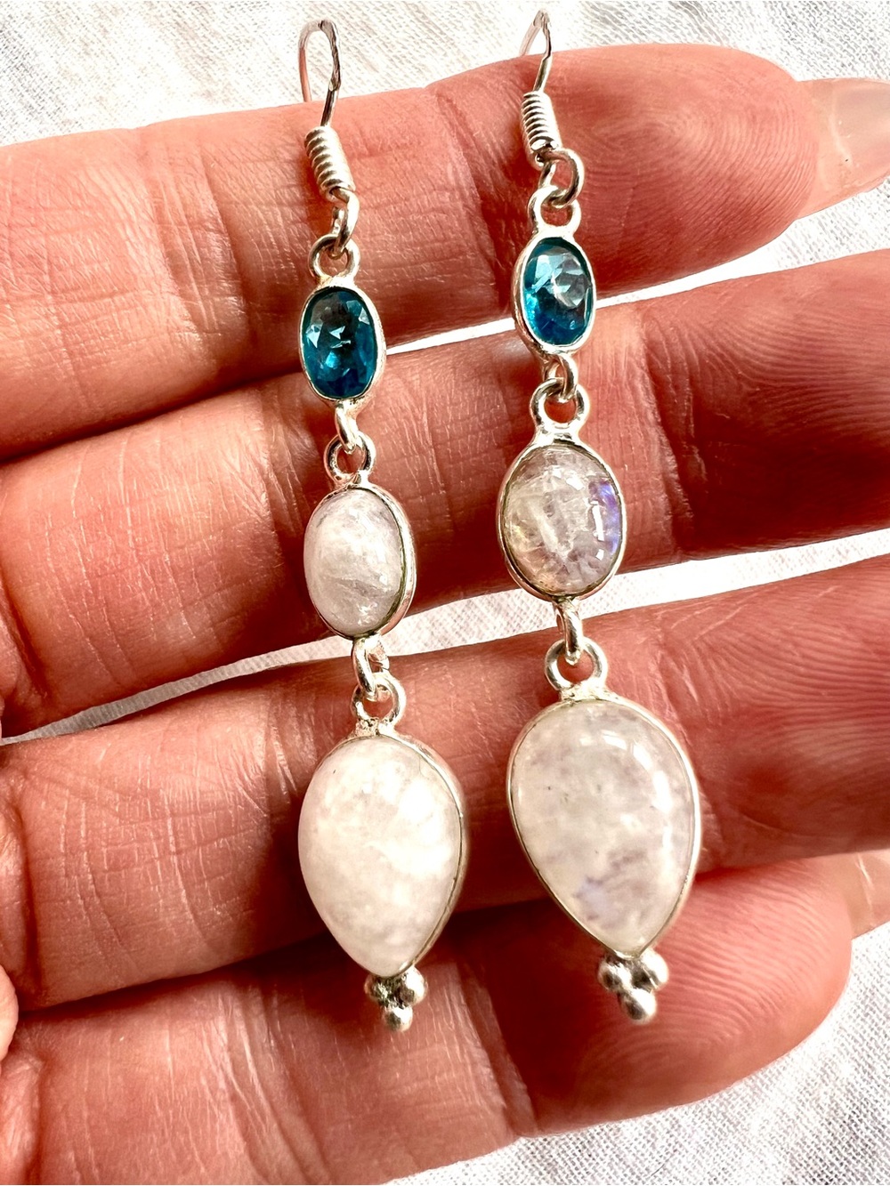 925 Ethereal Moonstone + Swiss Blue Topaz Long Earrings - Picture 3 of 7